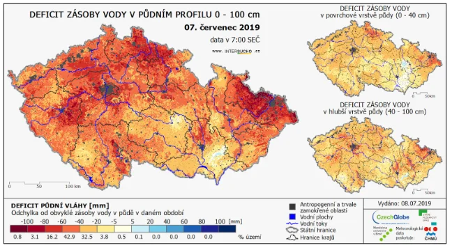 Deficit půdní vláhy v týdnu 1. – 7. 7. 2019 (zdroj: www.intersucho.cz)