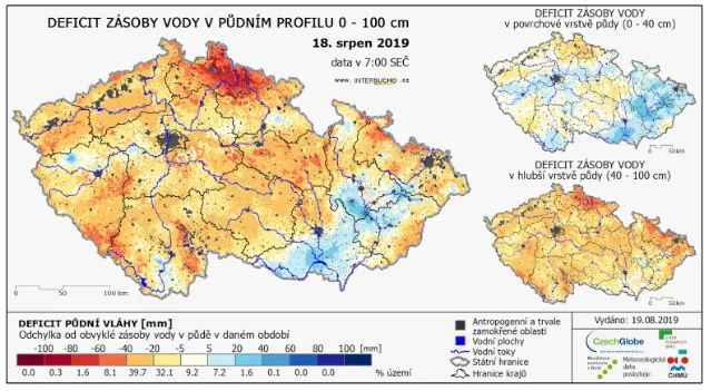 Deficit půdní vláhy v týdnu 11. – 18. 8. 2019