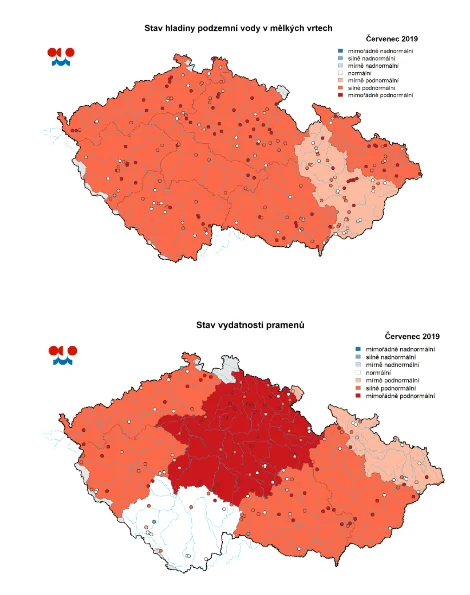 Stav mělkých podzemních vod v červenci 2019 (zdroj: ČHMÚ, www.chmi.cz), Stav pramenů v červenci 2019 (zdroj: ČHMÚ, www.chmi.cz)