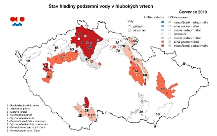 Stav hlubokých podzemních vod v červenci 2019 (zdroj: ČHMÚ, www.chmi.cz)