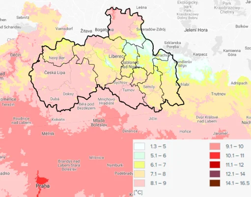 Mapa průměrných ročních teplot vzduchu v období 1981 – 2010 (zdroj: www.intersucho.cz, Czech Globe)