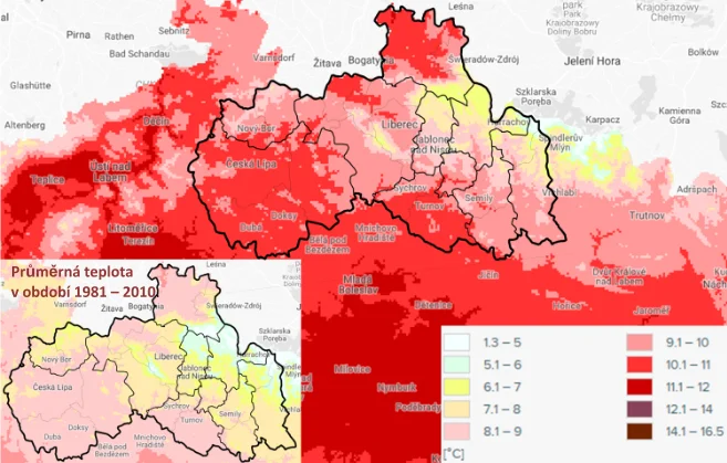 Mapa průměrných ročních teplot vzduchu v období 2040 – 2060 při středním emisním scénáři v porovnání s obdobím 1981 – 2010 (zdroj: www.intersucho.cz, Czech Globe)