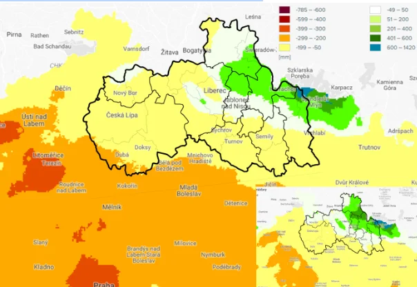 Mapa vláhové bilance za vegetační sezonu kolem roku 2050 při středním emisním scénáři v porovnání se stavem v období 1981 – 2010 (zdroj: www.intersucho.cz, Czech Globe)